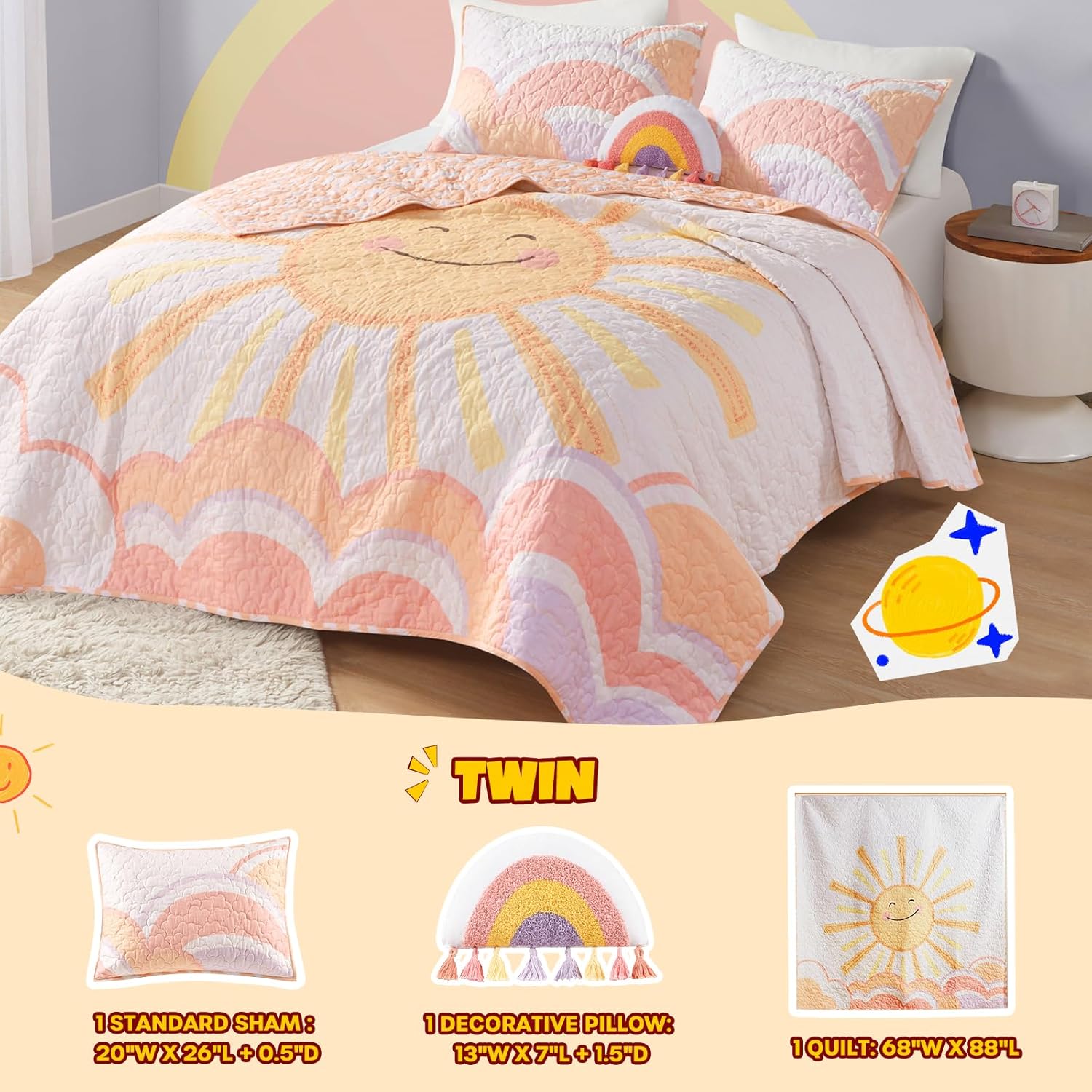 Urban Habitat Kids Twin Quilt Set with Reversible Coverlet and Throw Pillow