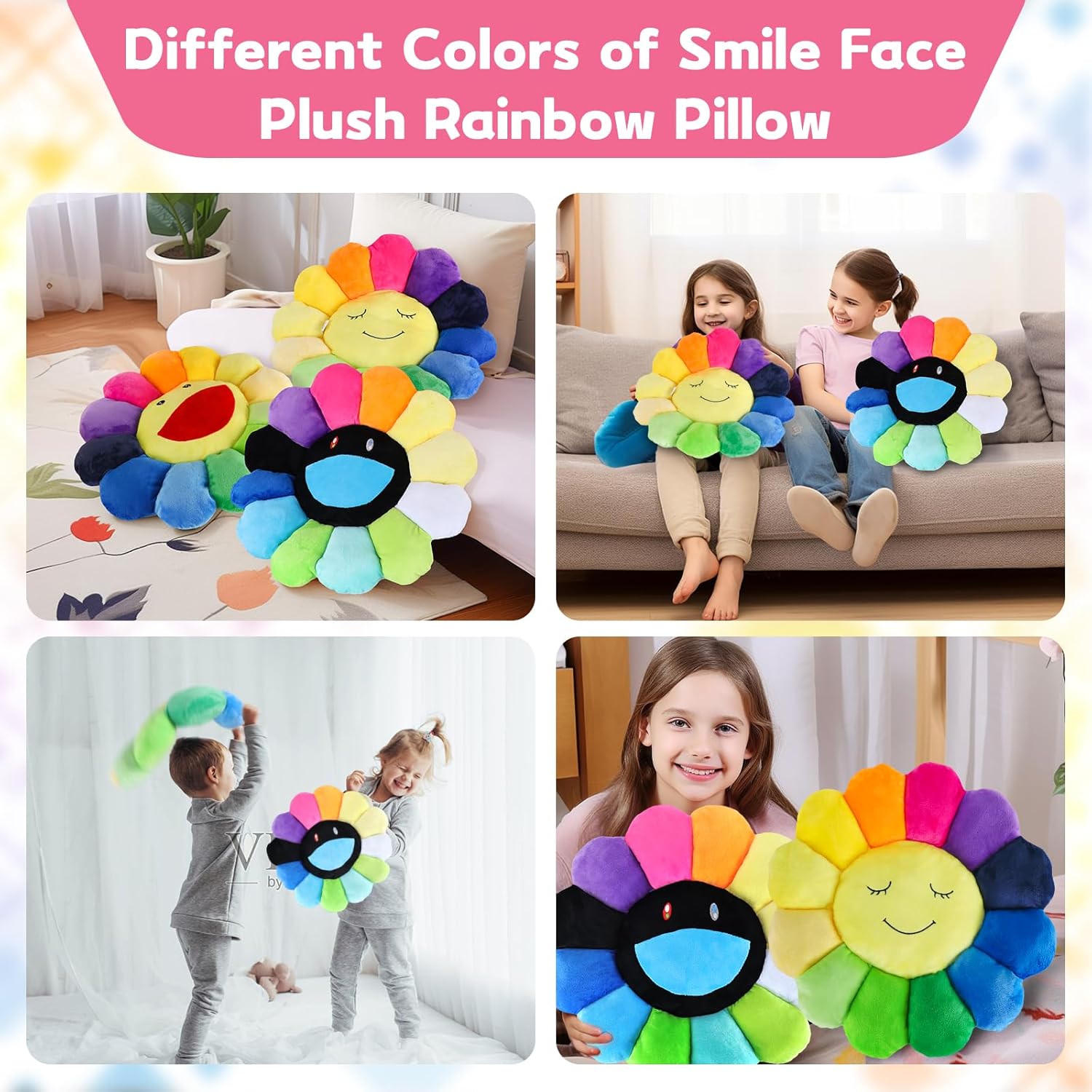 SNEPOO Smile Face Plush Rainbow Pillow - 40cm Black and White