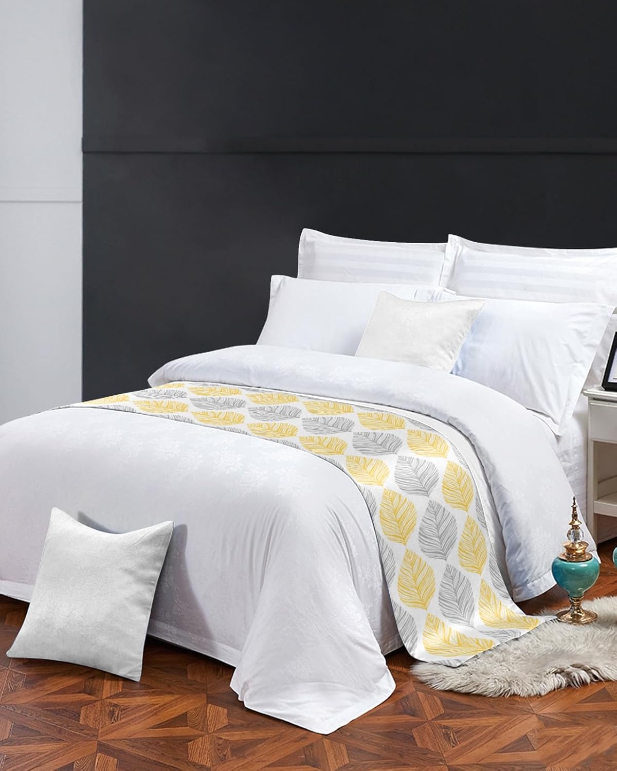 Minimalist Yellow Grey Leaf Bed Runner Scarf Set