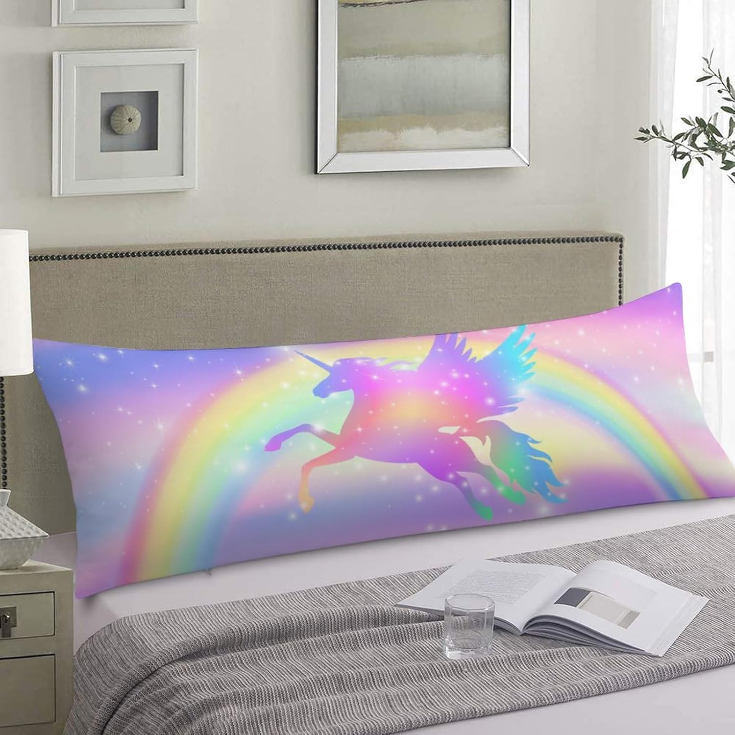Rainbow Unicorn Stars Body Pillow Cover with Zipper 20x54
