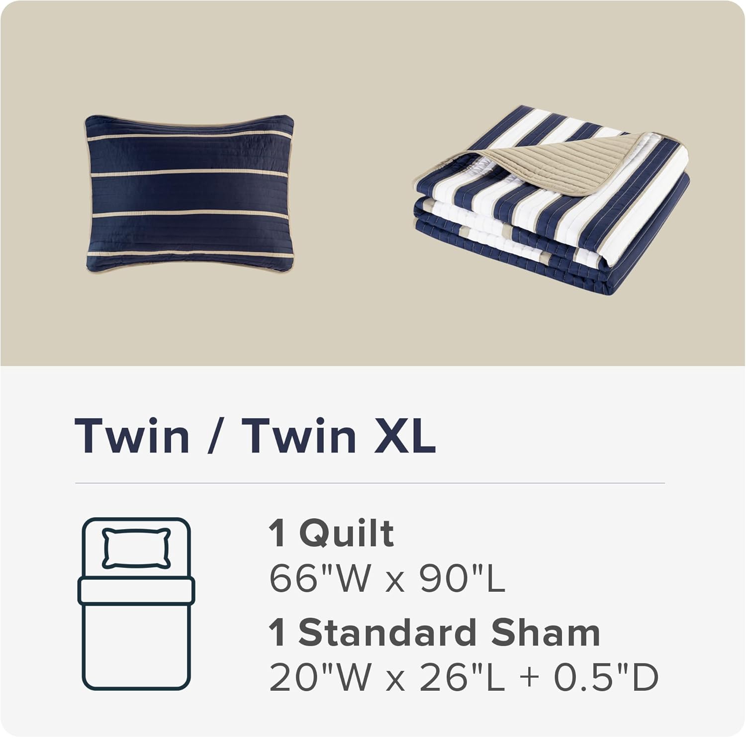 Comfort Spaces Quilt Set Twin Size White Blue Stripe