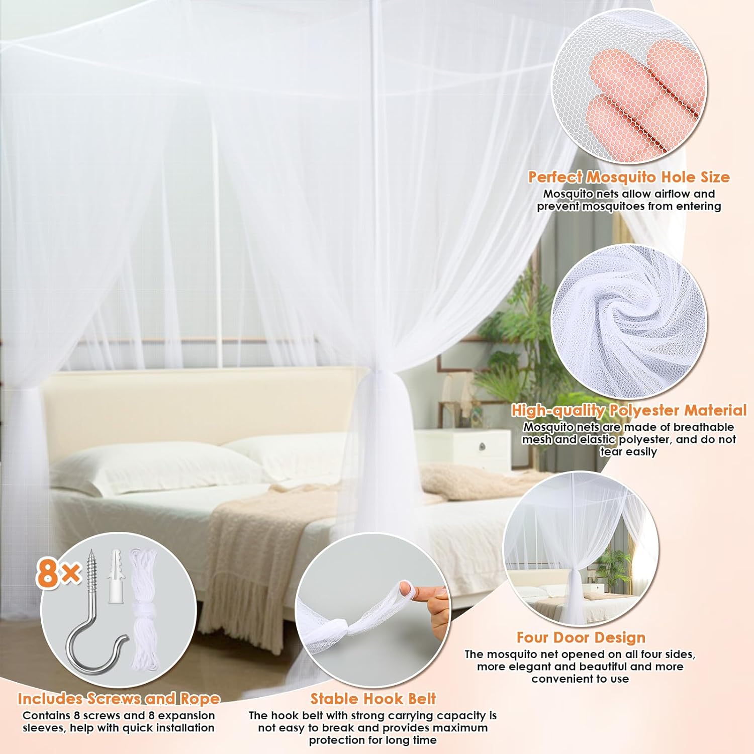 Qinzave 4 Corner White Canopy Bed Curtains