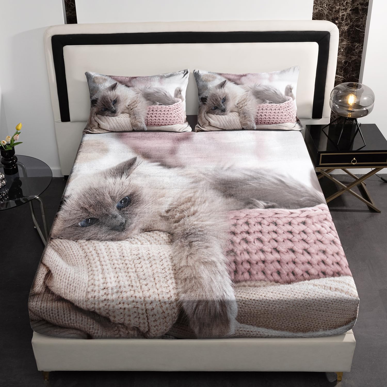 AILONEN Velvet Queen Sheet Set with Cat Print