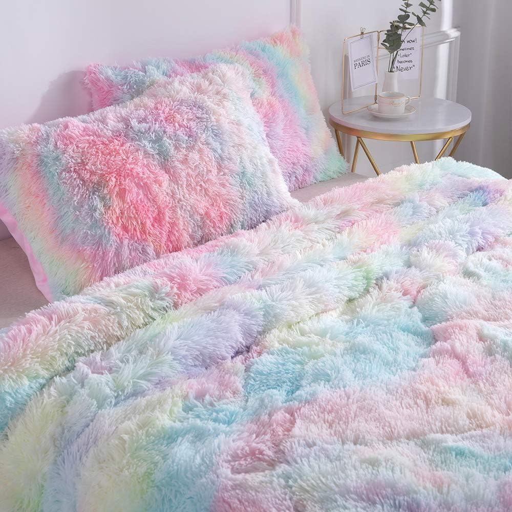 Wajade Faux Fur Rainbow Comforter Set - 3PC Fluffy Shaggy Bedding