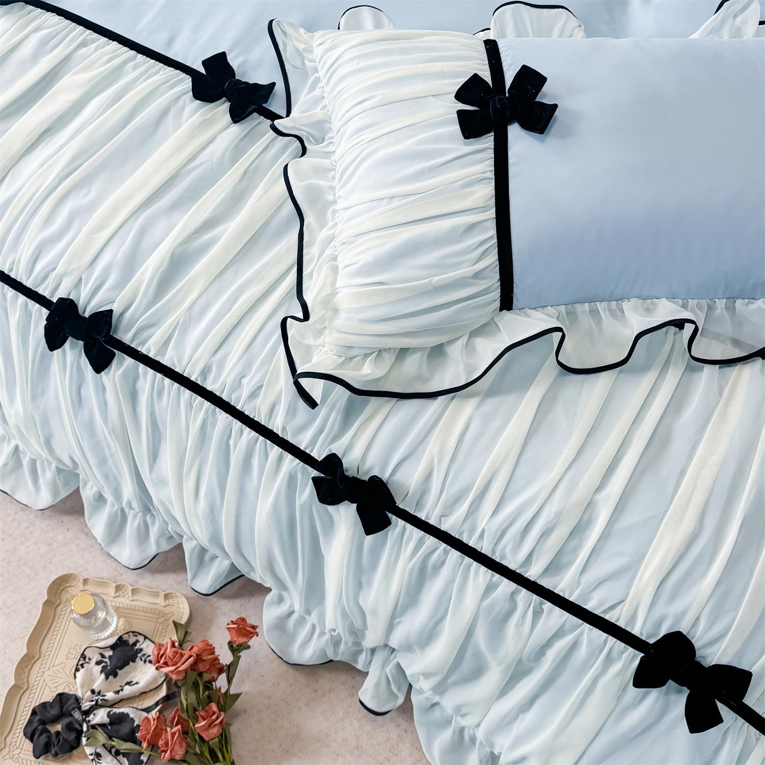 SOUKECHY Princess Pink Ruffle Duvet Cover Set with Bowtie