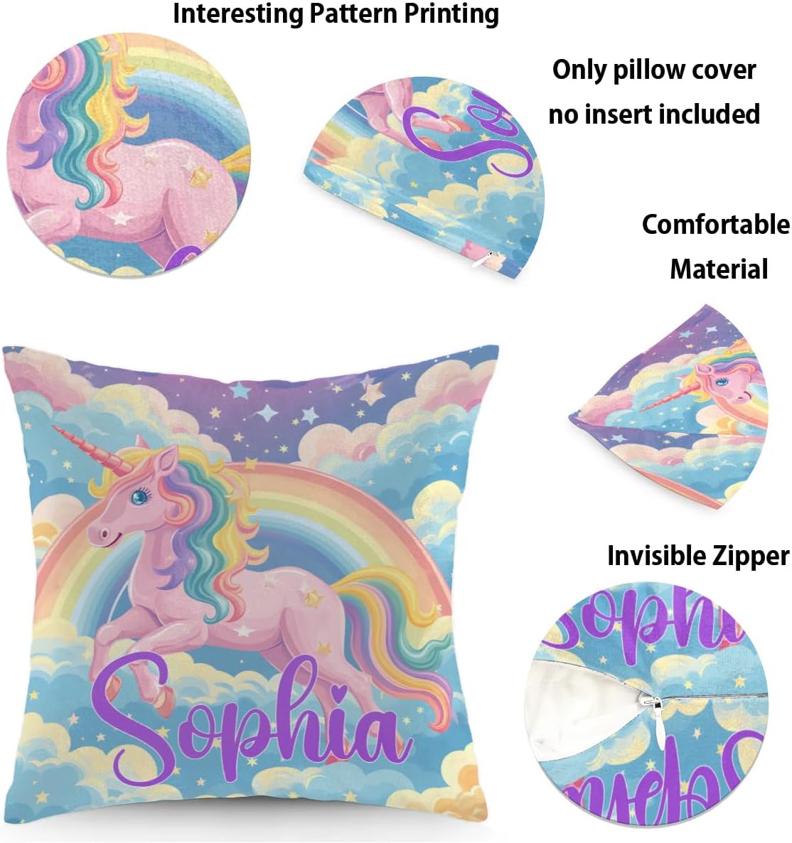 Personalized Pink Unicorn Rainbow Square Pillowcase for Kids