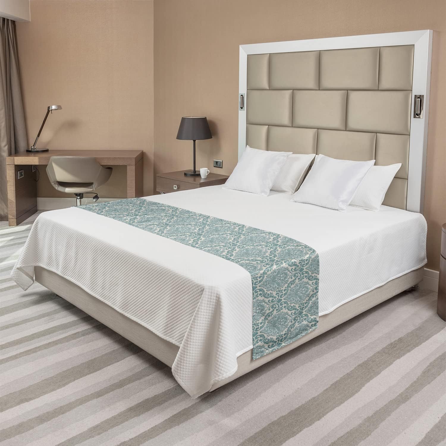 Ambesonne Damask Bed Runner Pale Teal Queen Size