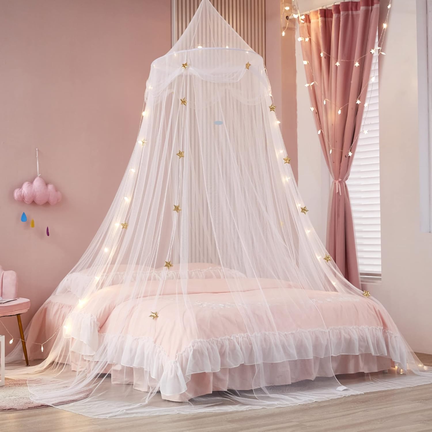 Gold Star Princess Bed Canopy with Lights for Kids