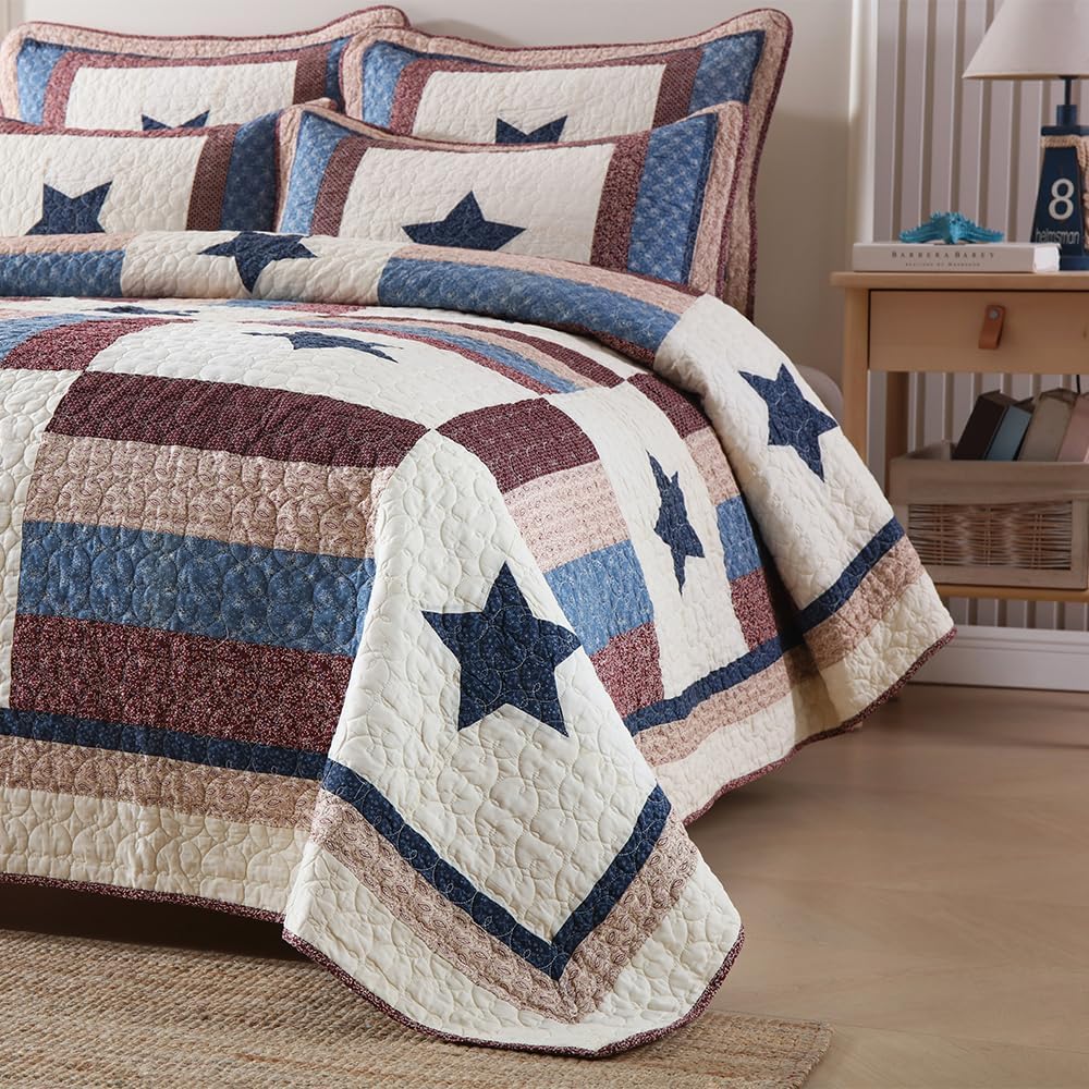 VISIMISI Cotton Bedding Quilt Set 3 Pieces Reversible Star Pattern
