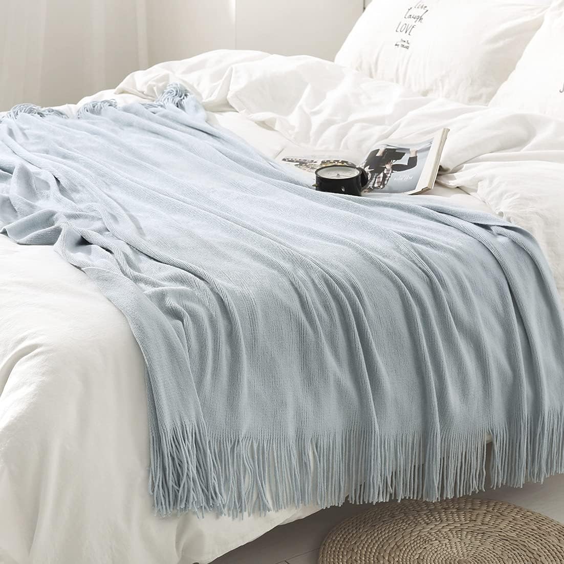 Homiest Light Blue Knitted Throw Blanket with Fringe 1