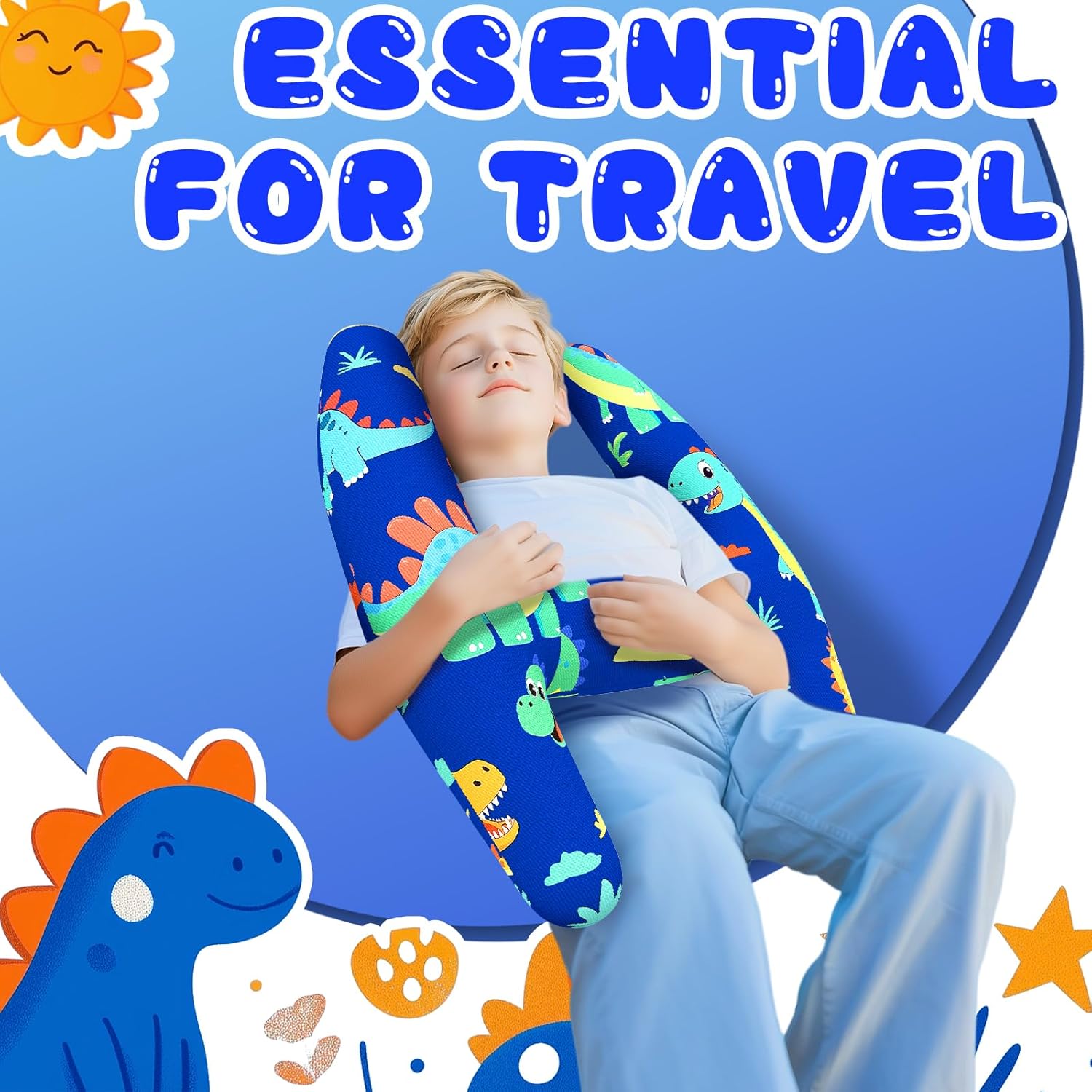 H-Shape Kids Travel Pillow with Blue Dinosaur Design