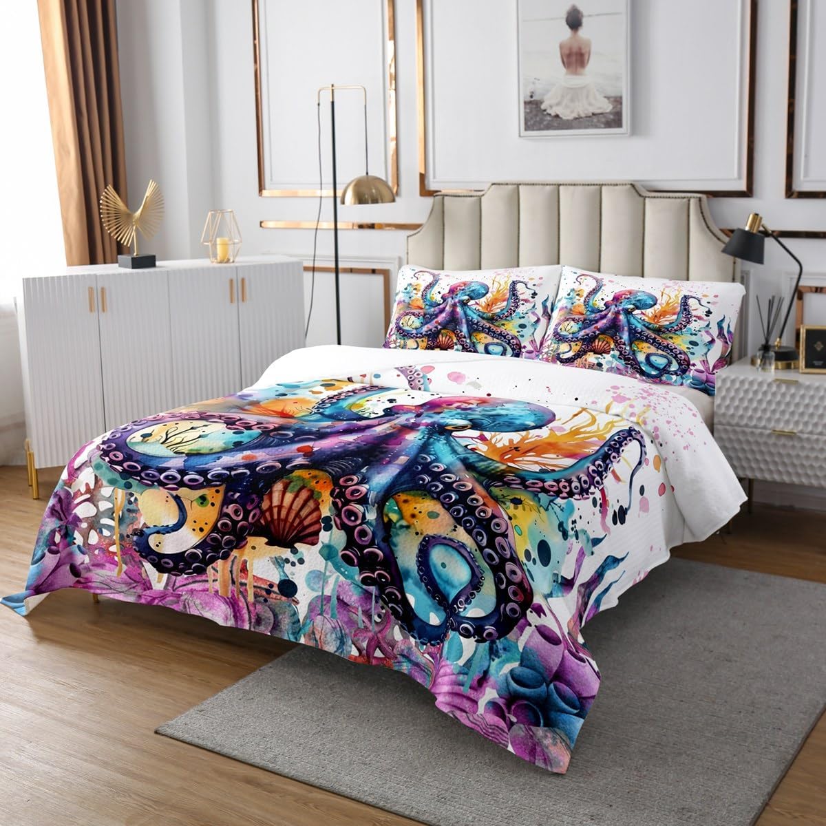 Feelyou Octopus Bedspread Set Twin Size Kids Ocean Kraken Quilted Coverlet