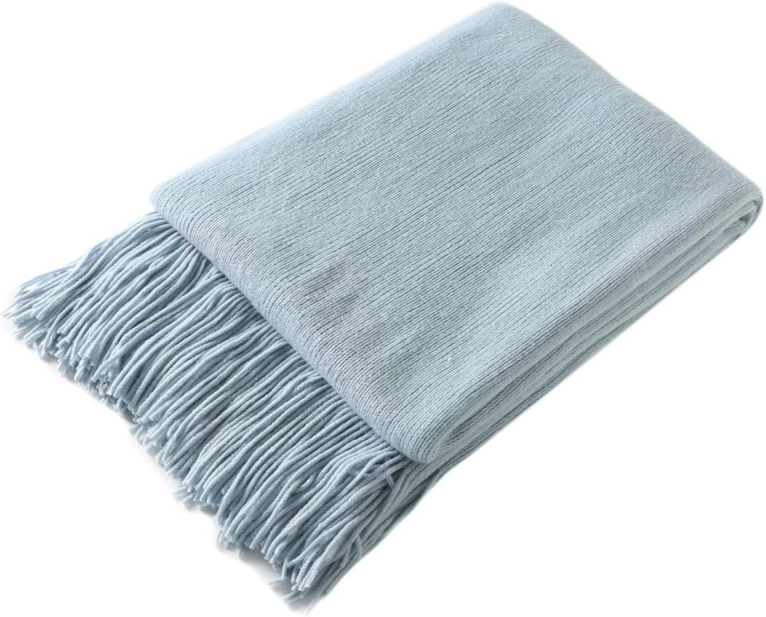 Homiest Light Blue Knitted Throw Blanket with Fringe 1