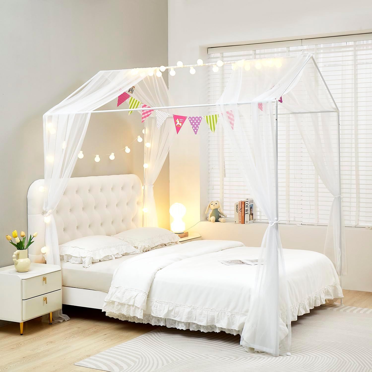 Mengersi Bed Canopy with Lights TwinTwin XL White