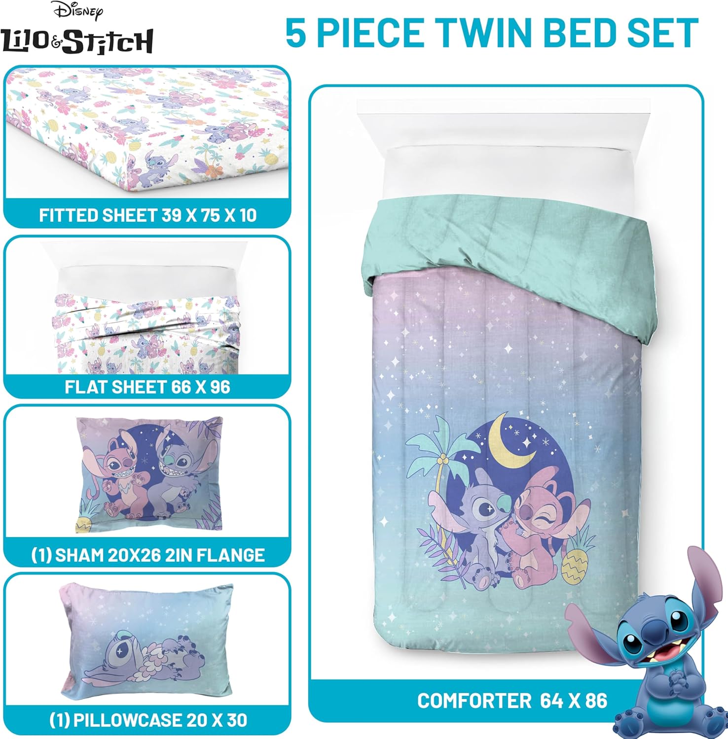 Jay Franco Disney Lilo and Stitch Comforter Set - 5 Piece Kids Bedding