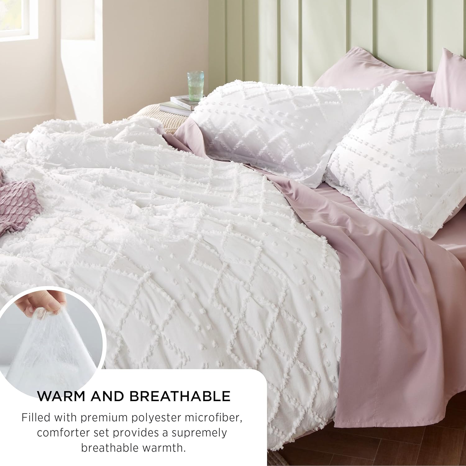 Bedsure Queen Comforter Set - White Boho Tufted Shabby Chic