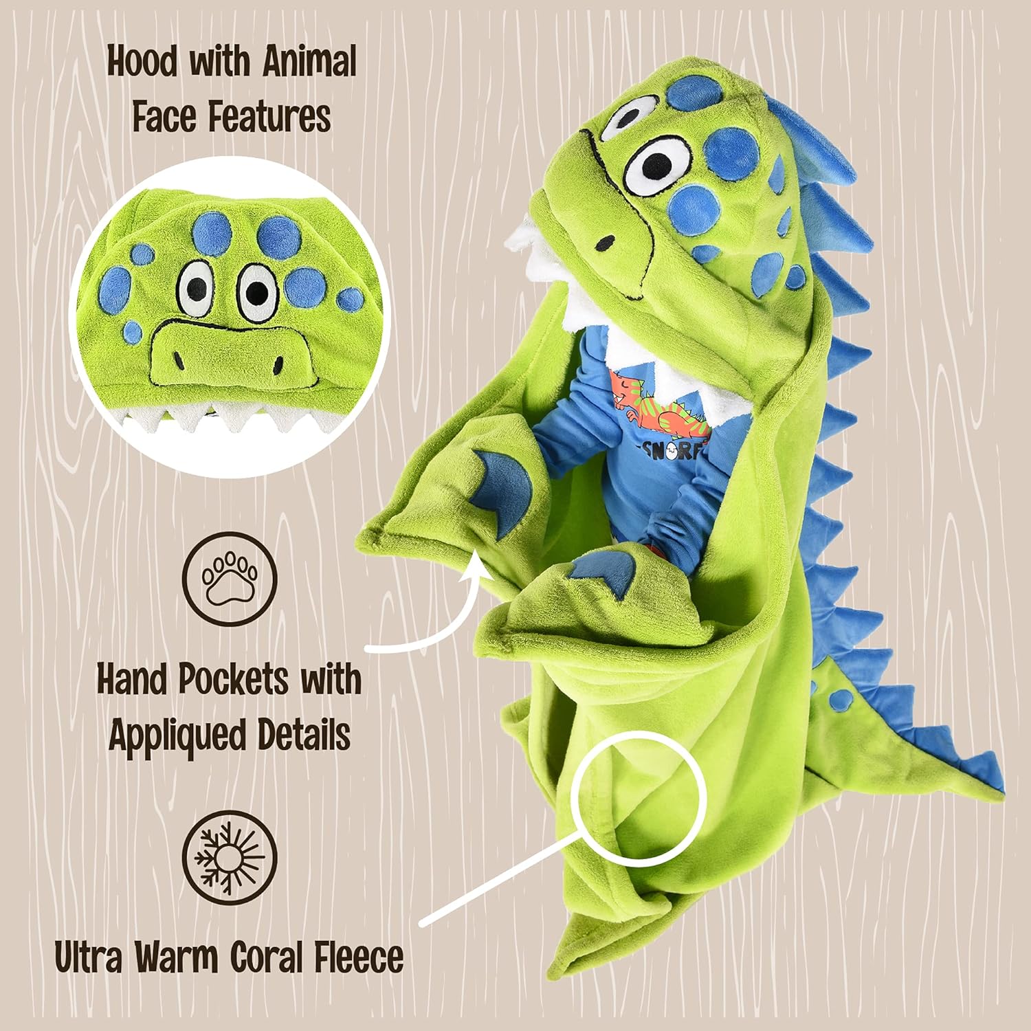 Lazy One Dinosaur Hooded Blanket for Kids 1