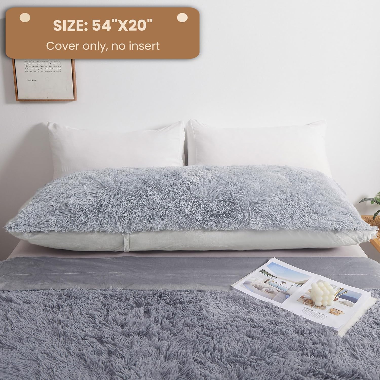 MEGO Shaggy Plush Body Pillow Cover Light Grey 54x20