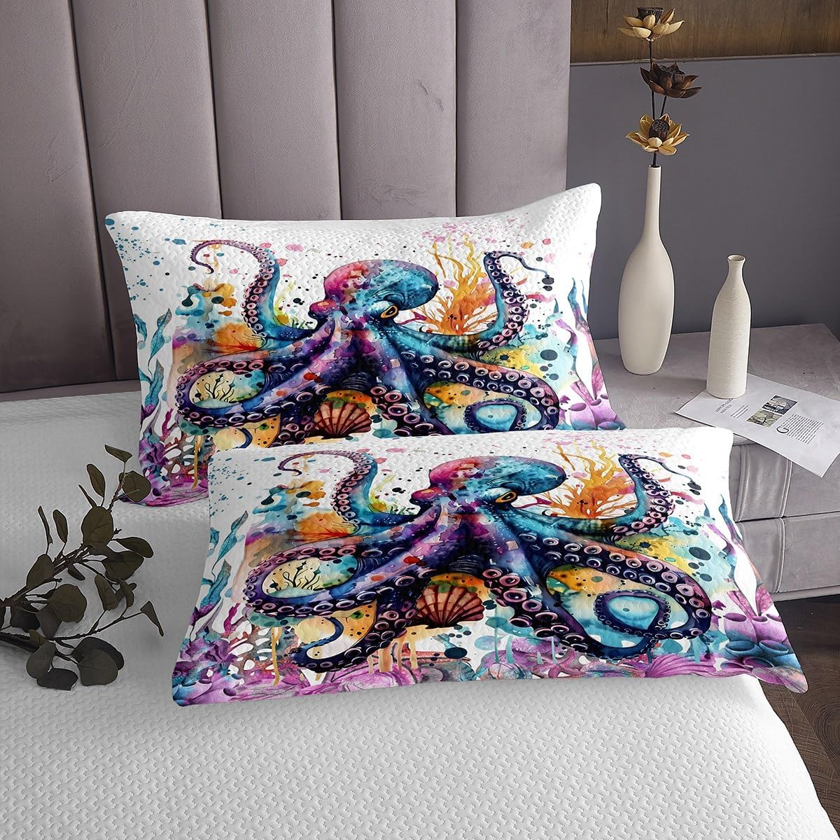 Feelyou Octopus Bedspread Set Twin Size Kids Ocean Kraken Quilted Coverlet