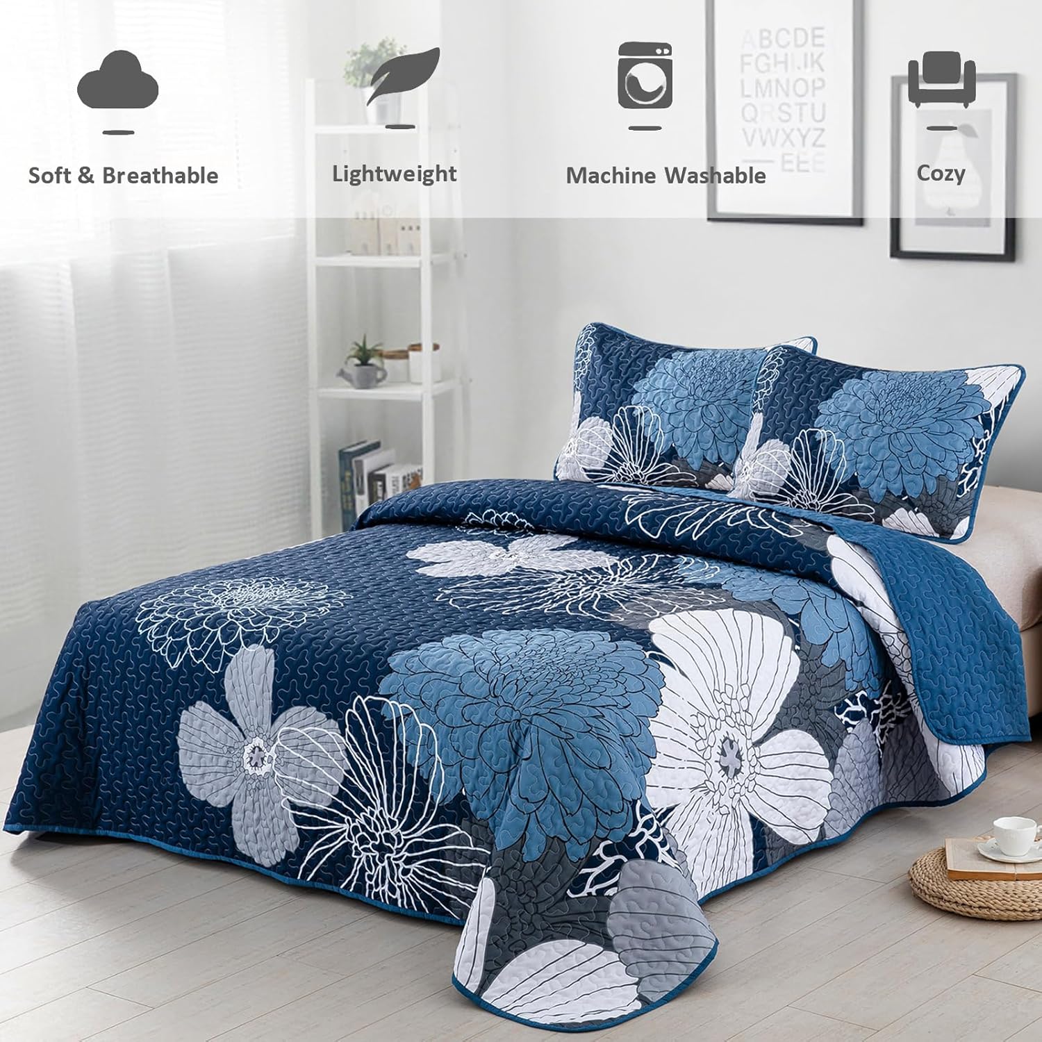 Anibedding Navy Blue Floral Quilt Set 3 Pieces Reversible Microfiber