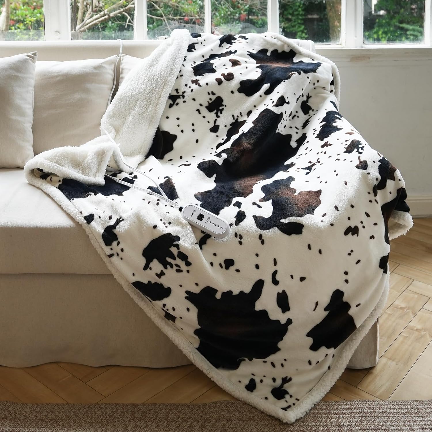 Blunique Cow Print Heated Throw Blanket with 5 Heat Levels