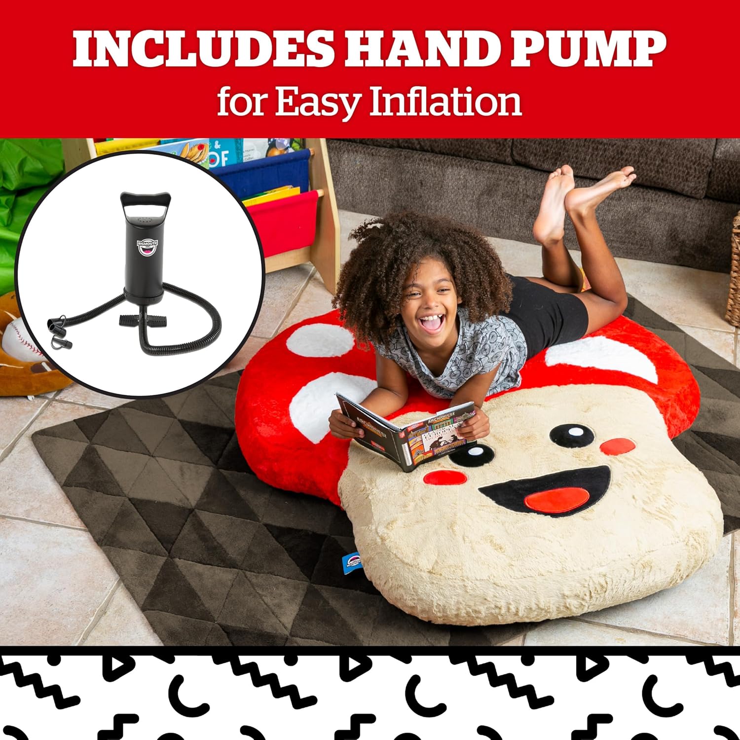 BigMouth Mushroom Shaped Floor Pillow Jumbo Plush Inflatable Lounger for Kids