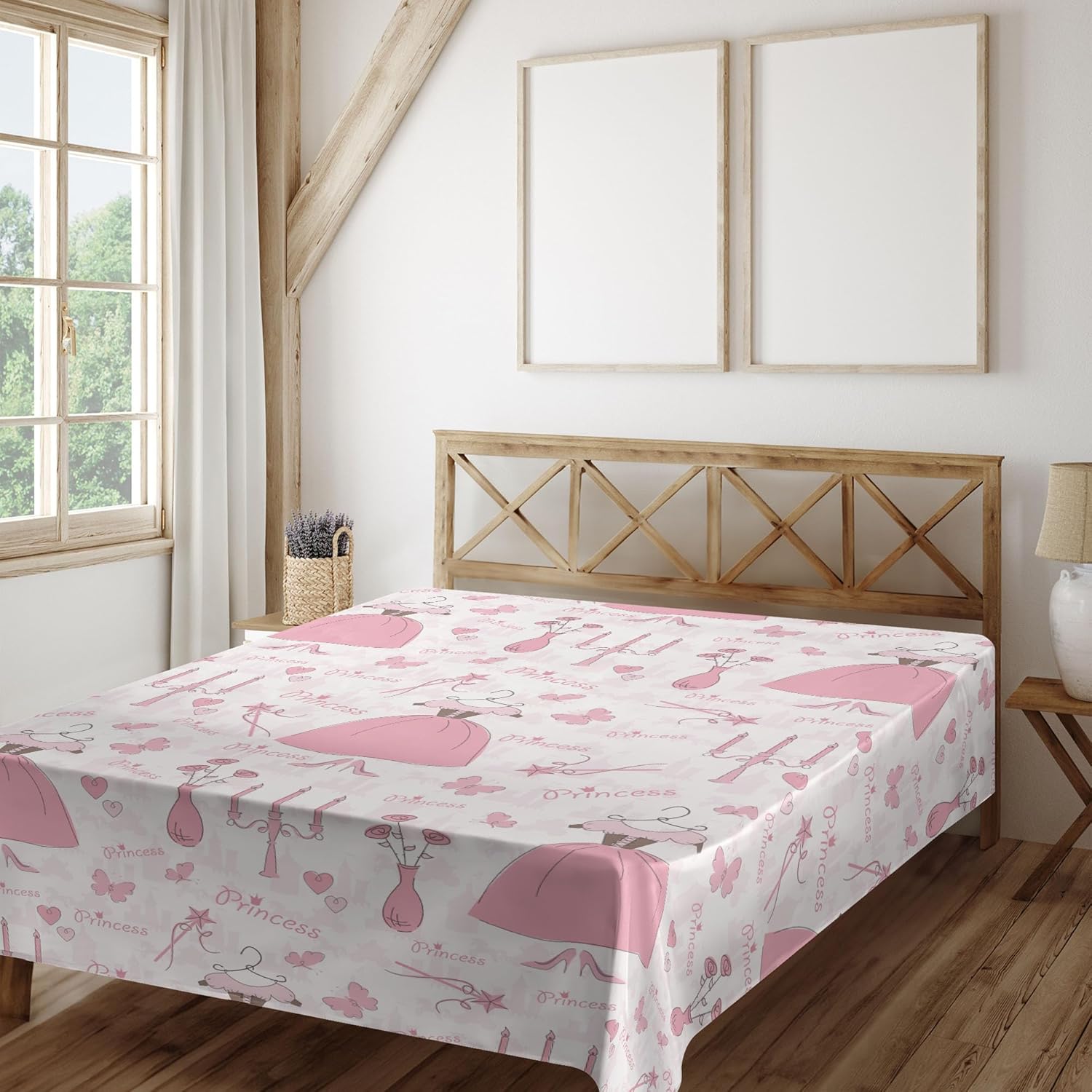 Ambesonne Cartoon Flat Sheet 108x102 Inches Rose Pale Pink White