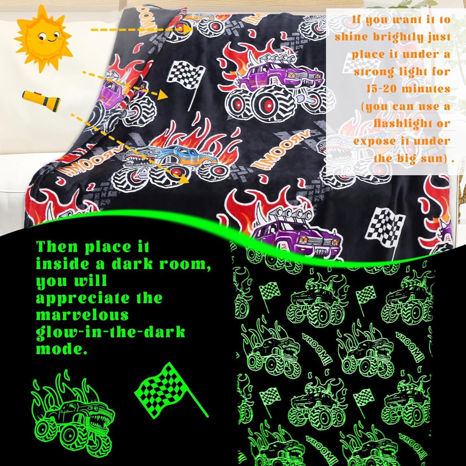 AISDE Glow in The Dark Truck Blanket for Boys 60x50