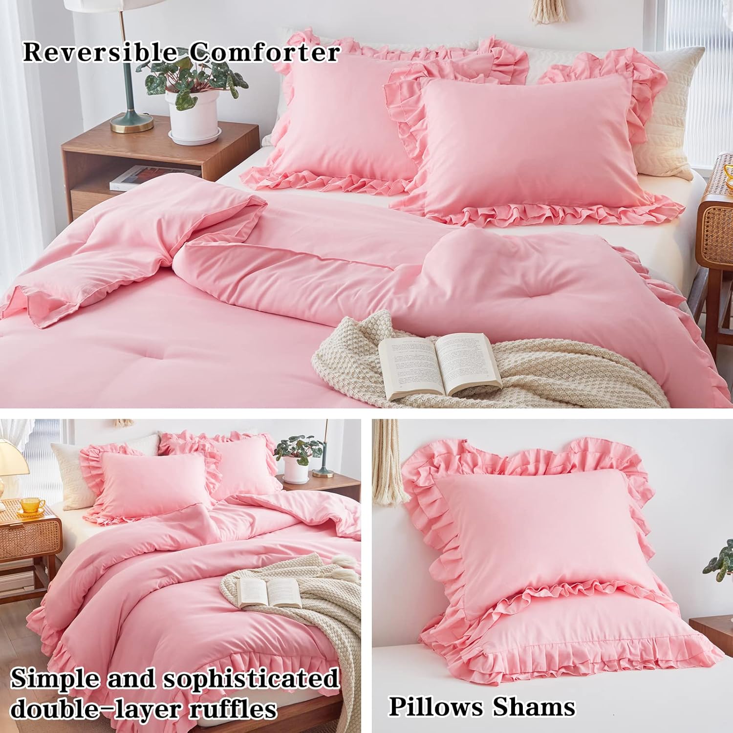 Pink Ruffled Comforter Set Twin Size 3 pcs