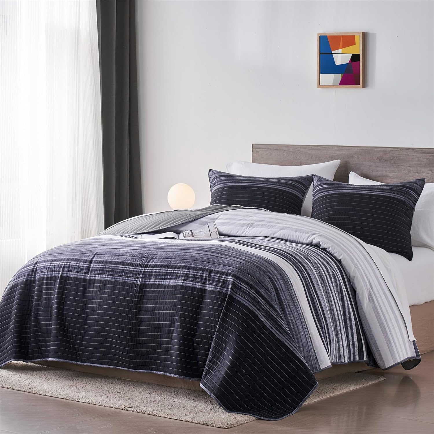 KAKIJUMN Queen Quilt Set with 2 Pillow Shams Black White Grey Striped Bedding