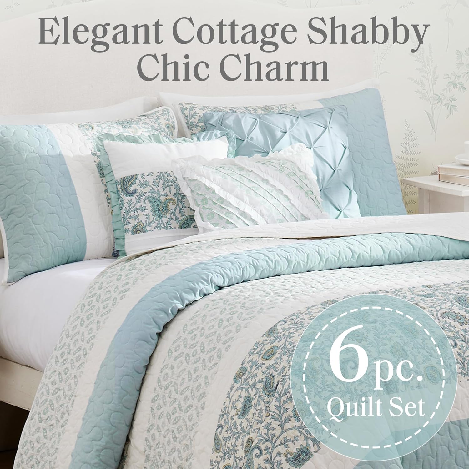 Madison Park Cotton Quilt Set Floral Print 6 Piece Light Teal