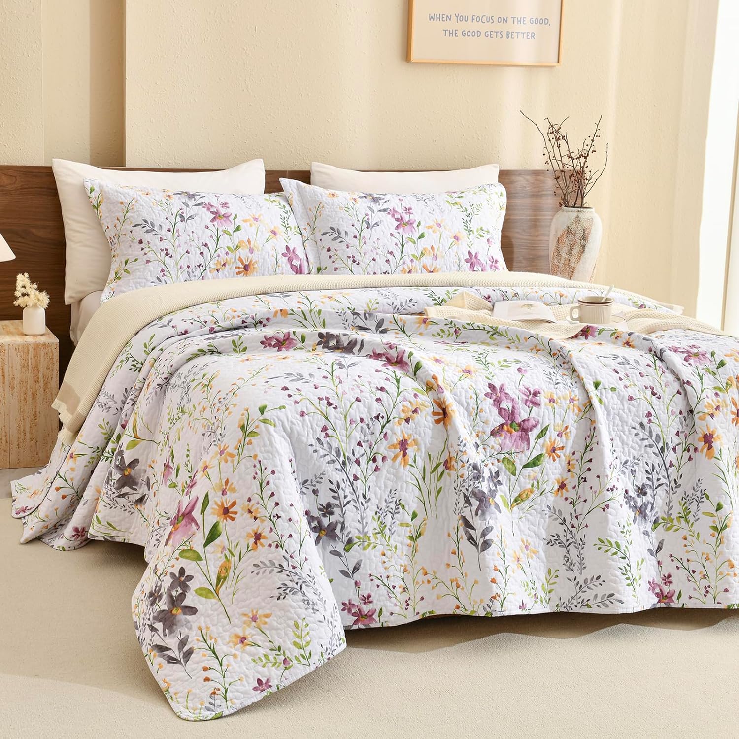 Lady Ann Wild Floral Printed Queen Bed Quilt Set 3 PCS
