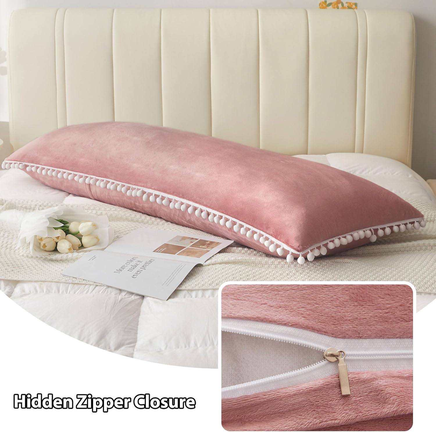LIFEREVO Velvet Body Pillowcase with Pom-Poms 20x54 Old Pink