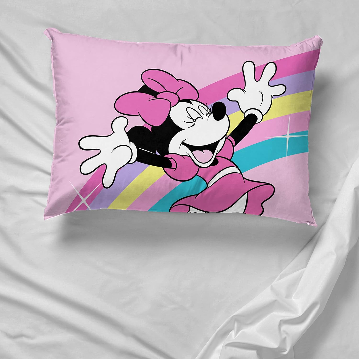 Jay Franco Disney Minnie Mouse Rainbow Stripe Pillowcase - Reversible Kids Bedding