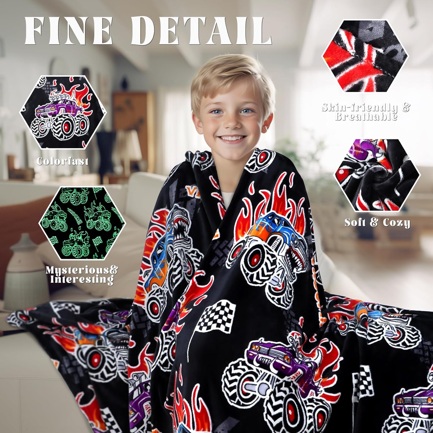 AISDE Glow in The Dark Truck Blanket for Boys 60x50