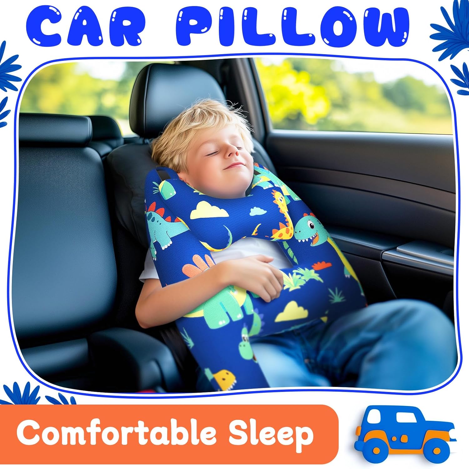 H-Shape Kids Travel Pillow with Blue Dinosaur Design