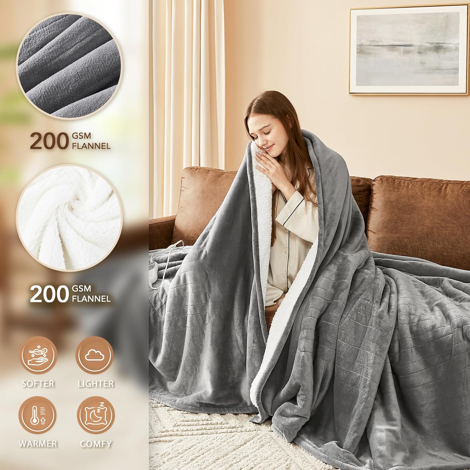 Homemate Electric Heated Blanket Twin - 62x84 Grey
