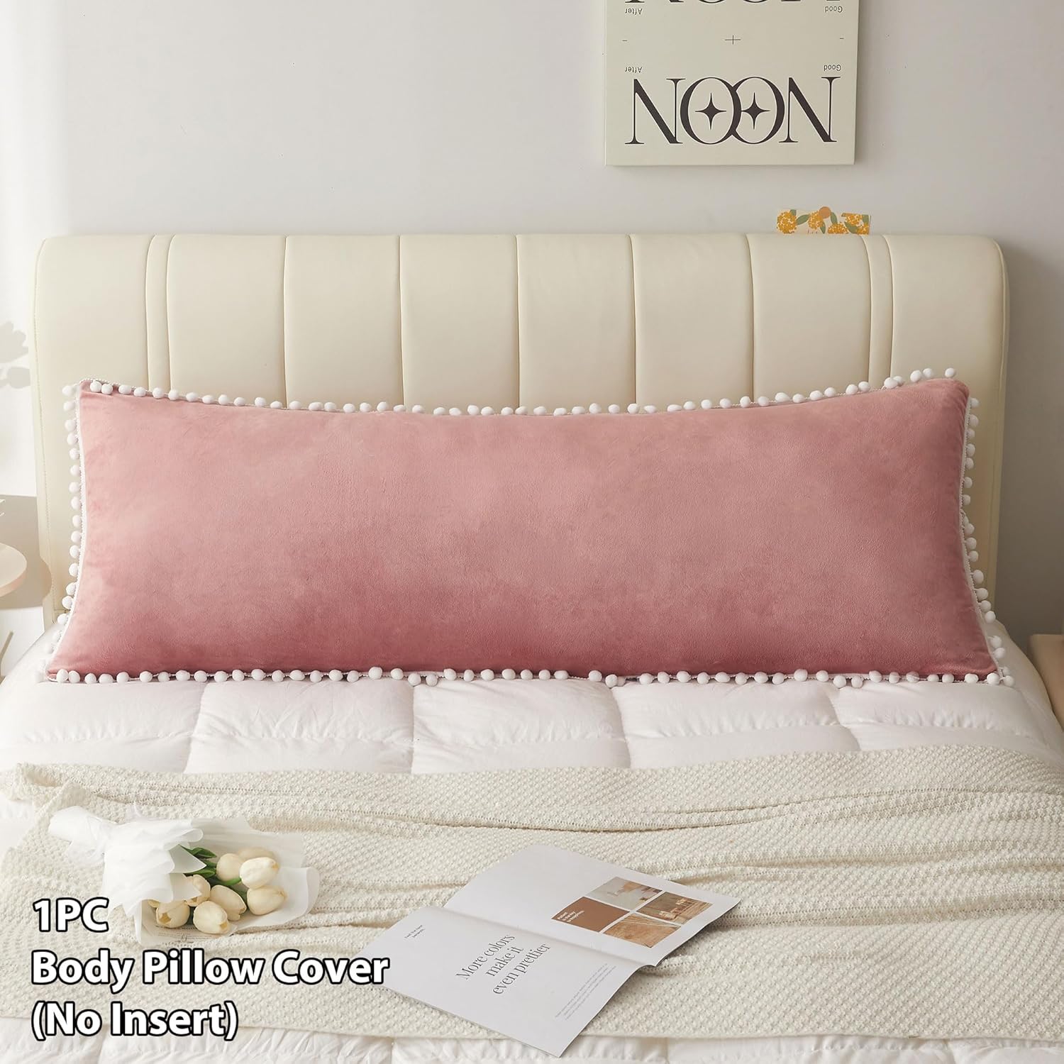 LIFEREVO Velvet Body Pillowcase with Pom-Poms 20x54 Old Pink