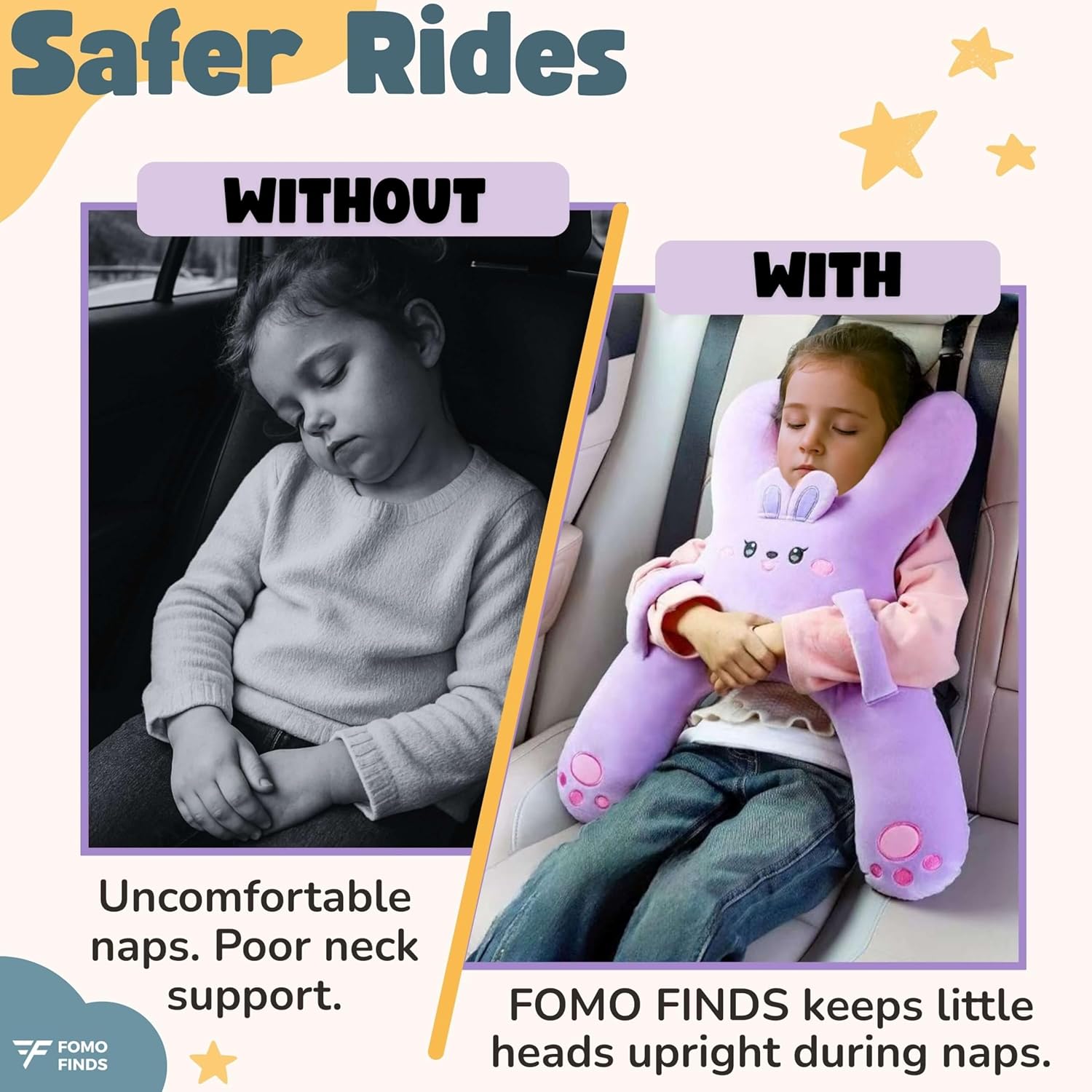 Kids Car Sleeping Pillow - X-Shaped Plush Animal with Seat Belt Slot - Purple