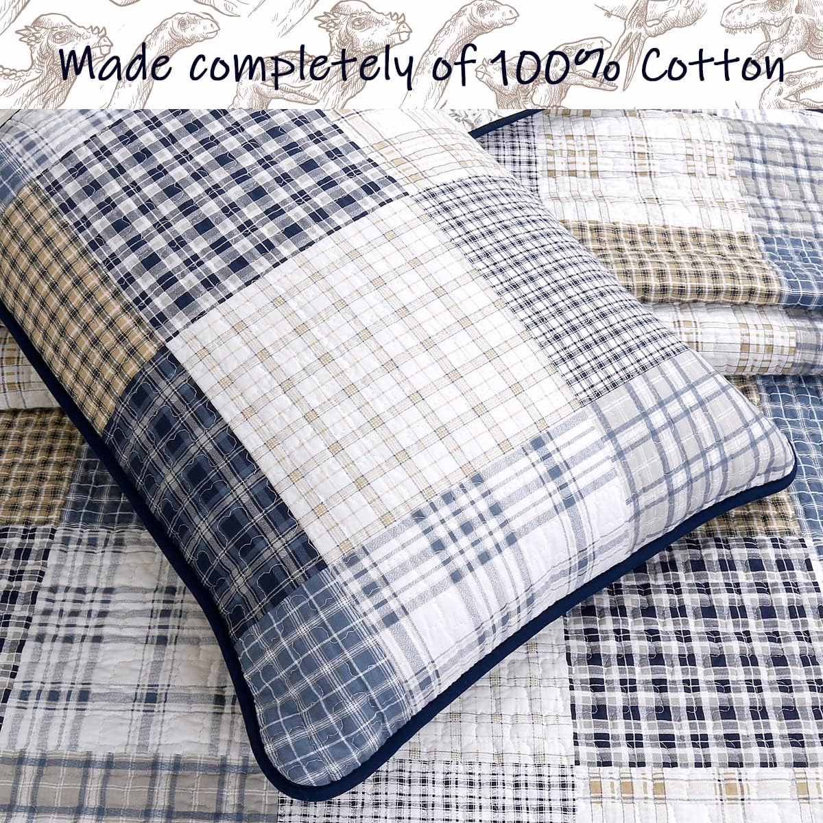 Cozy Line Benjamin Dinosaur Plaid Quilt Set Twin 2 Piece