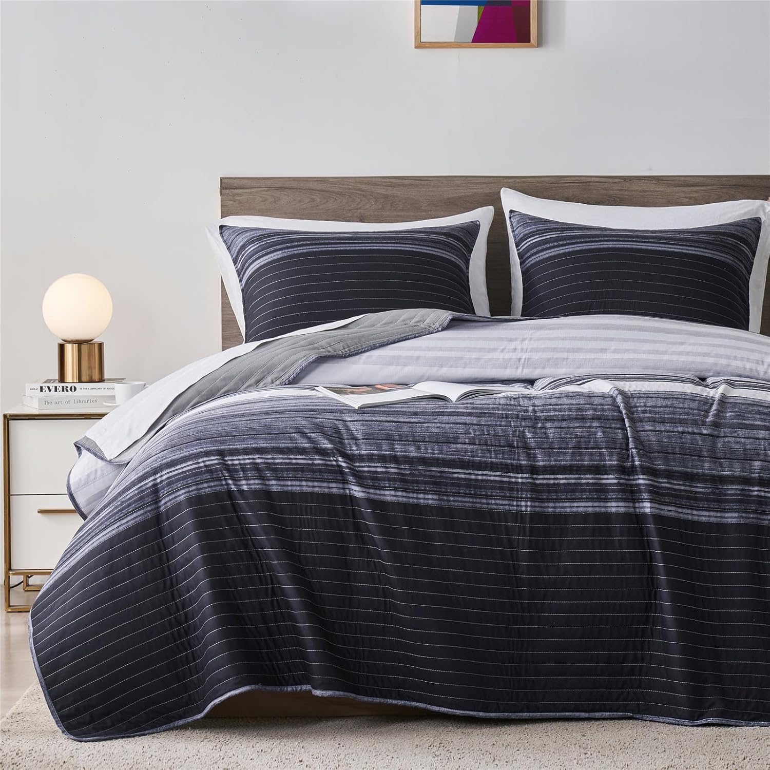 KAKIJUMN Queen Quilt Set with 2 Pillow Shams Black White Grey Striped Bedding