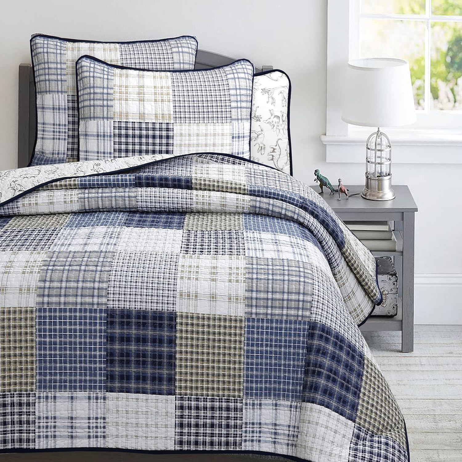Cozy Line Benjamin Dinosaur Plaid Quilt Set Twin 2 Piece