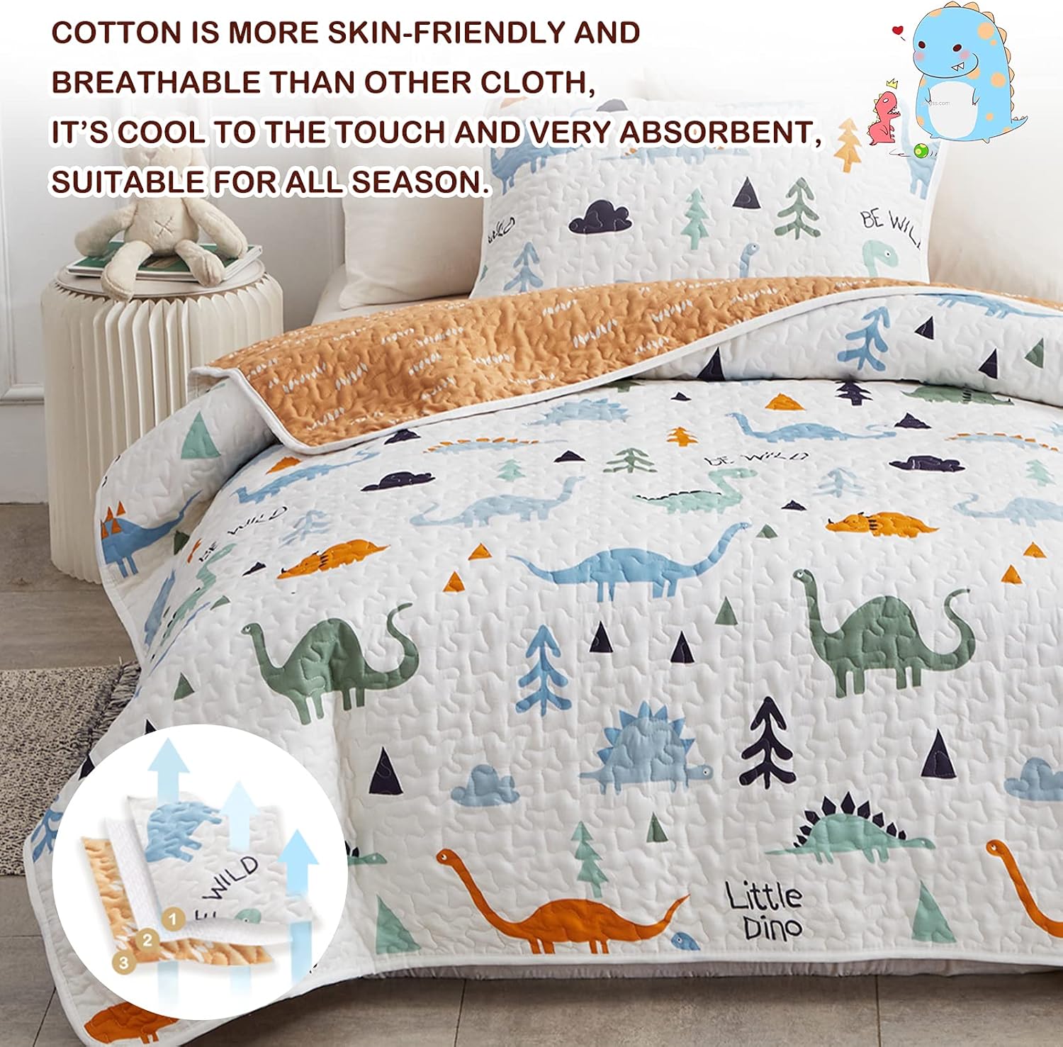 Joyreap 2-Piece Cotton Quilt Set Twin Dinosaur Reversible Design