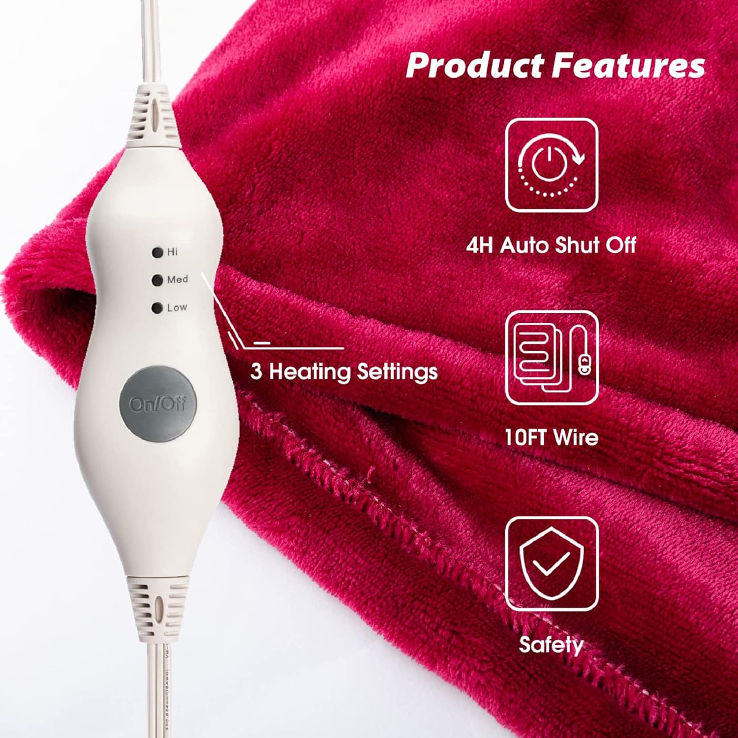 Tefici Electric Heated Blanket Throw with 3 Heat Levels and 4hr Auto Off