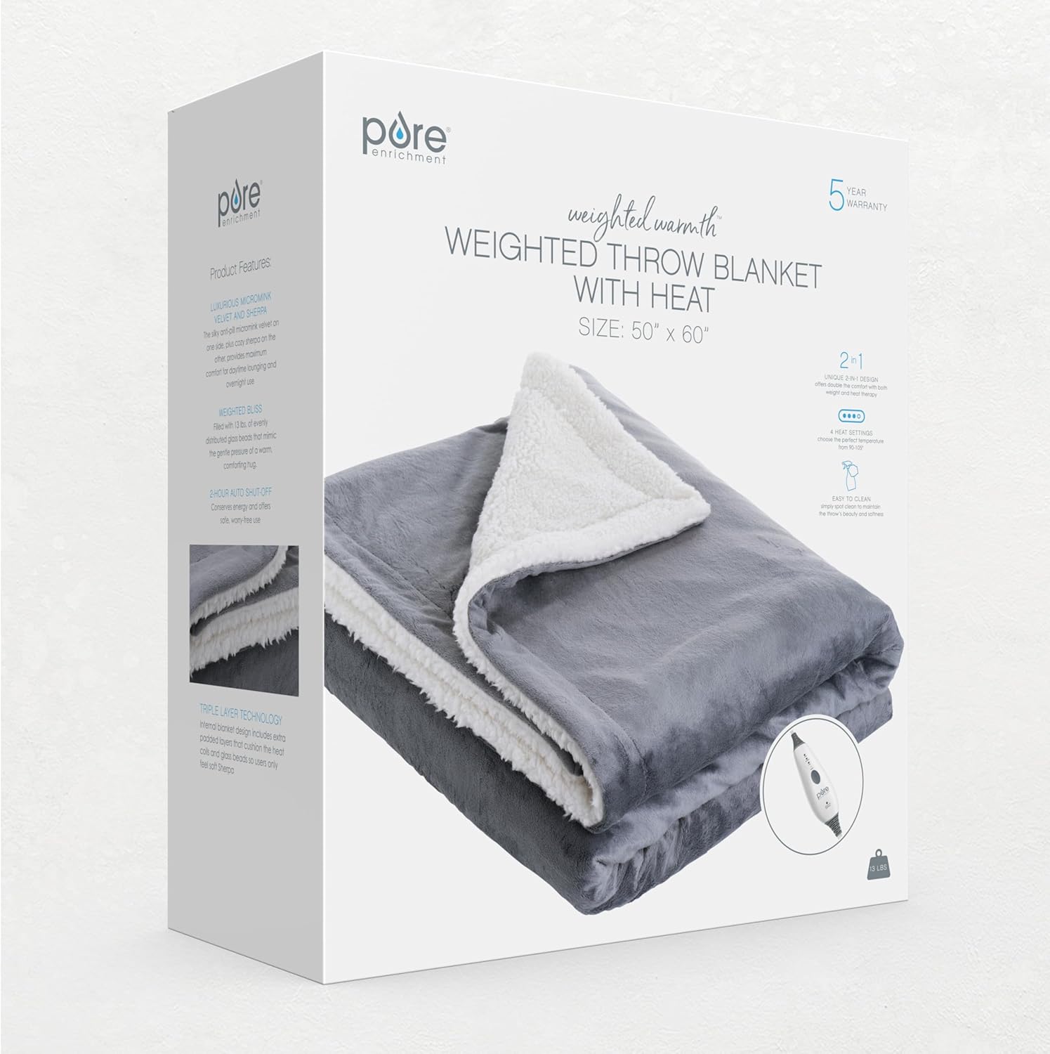 Pure Enrichment Heated Weighted Blanket 13 lbs 50x60 2-in-1