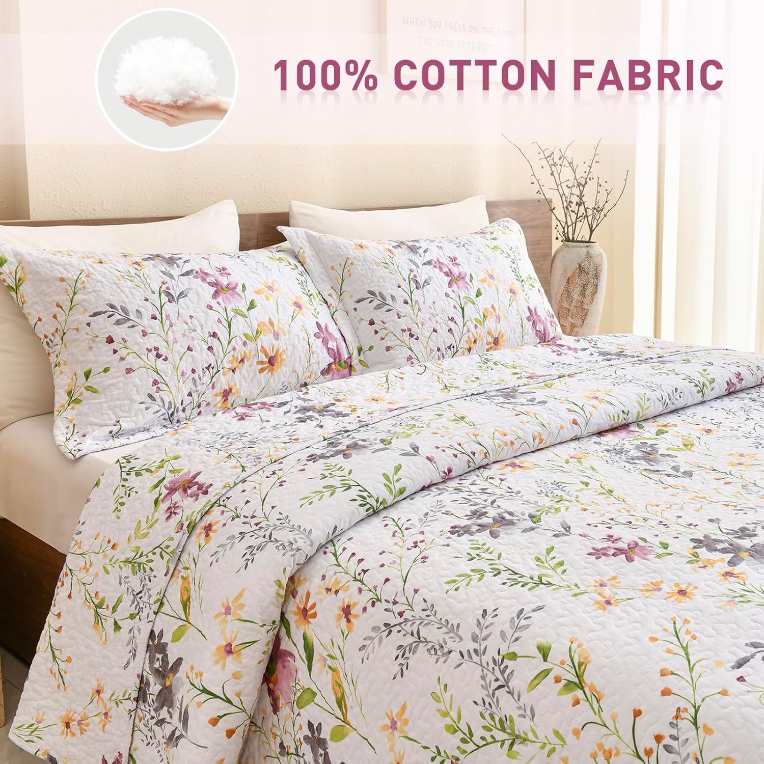 Lady Ann Wild Floral Printed Queen Bed Quilt Set 3 PCS