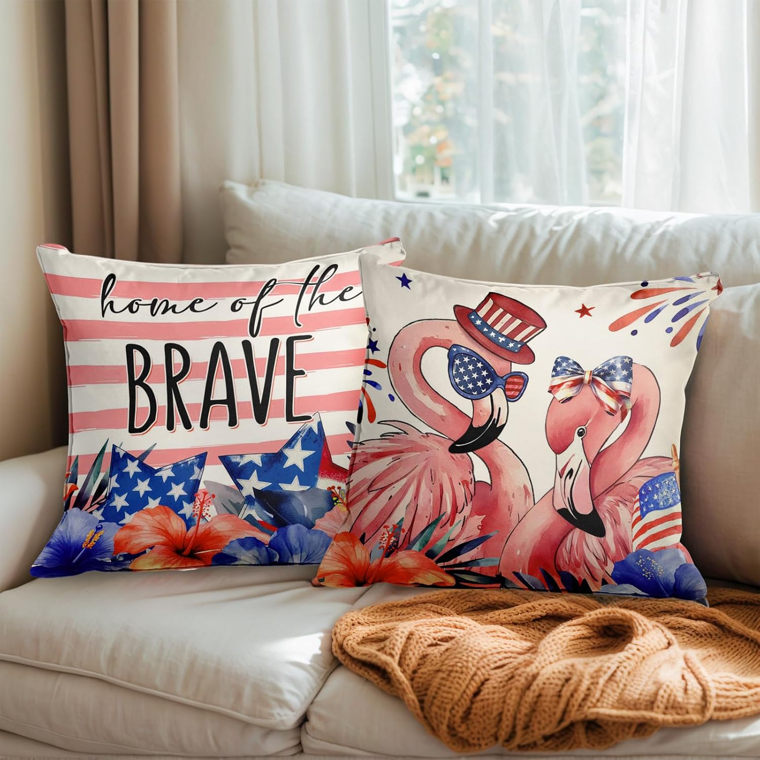 Lofaris Patriotic Flamingo Throw Pillow Covers Set of 4 1
