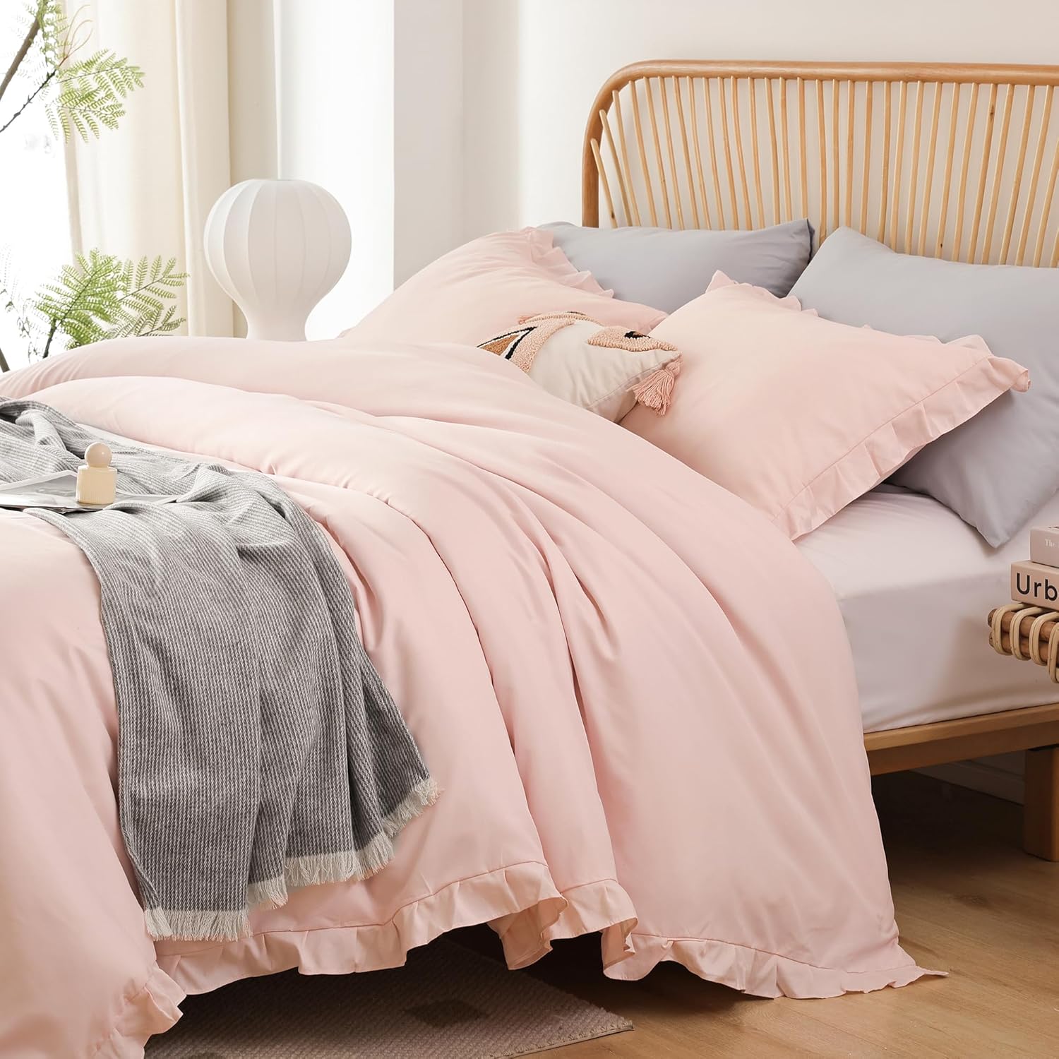 JANZAA Pink Ruffle Queen Comforter Set 3PCS