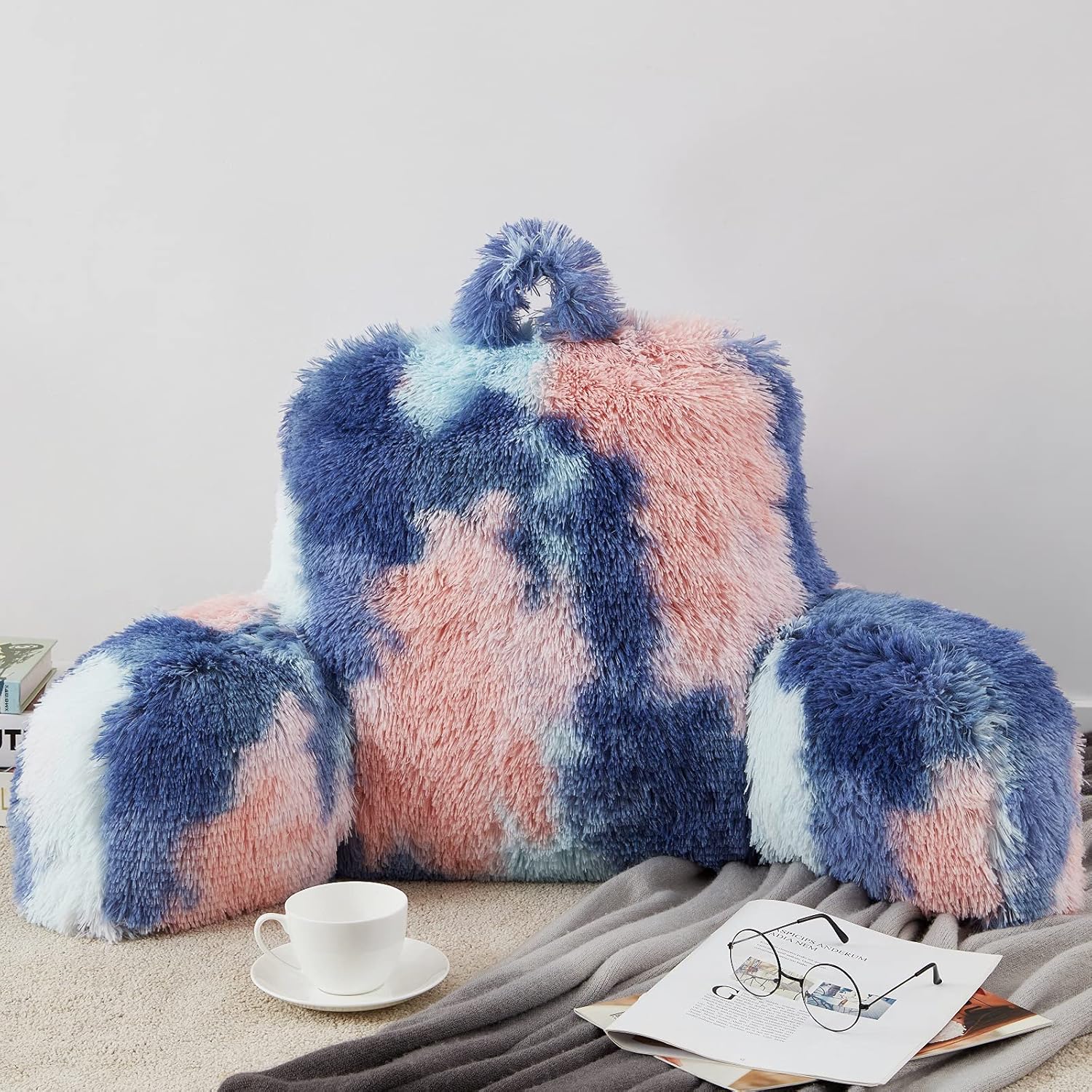 Faux Fur Reading Pillow - Big 30x17x17 Inches Cozy Backrest