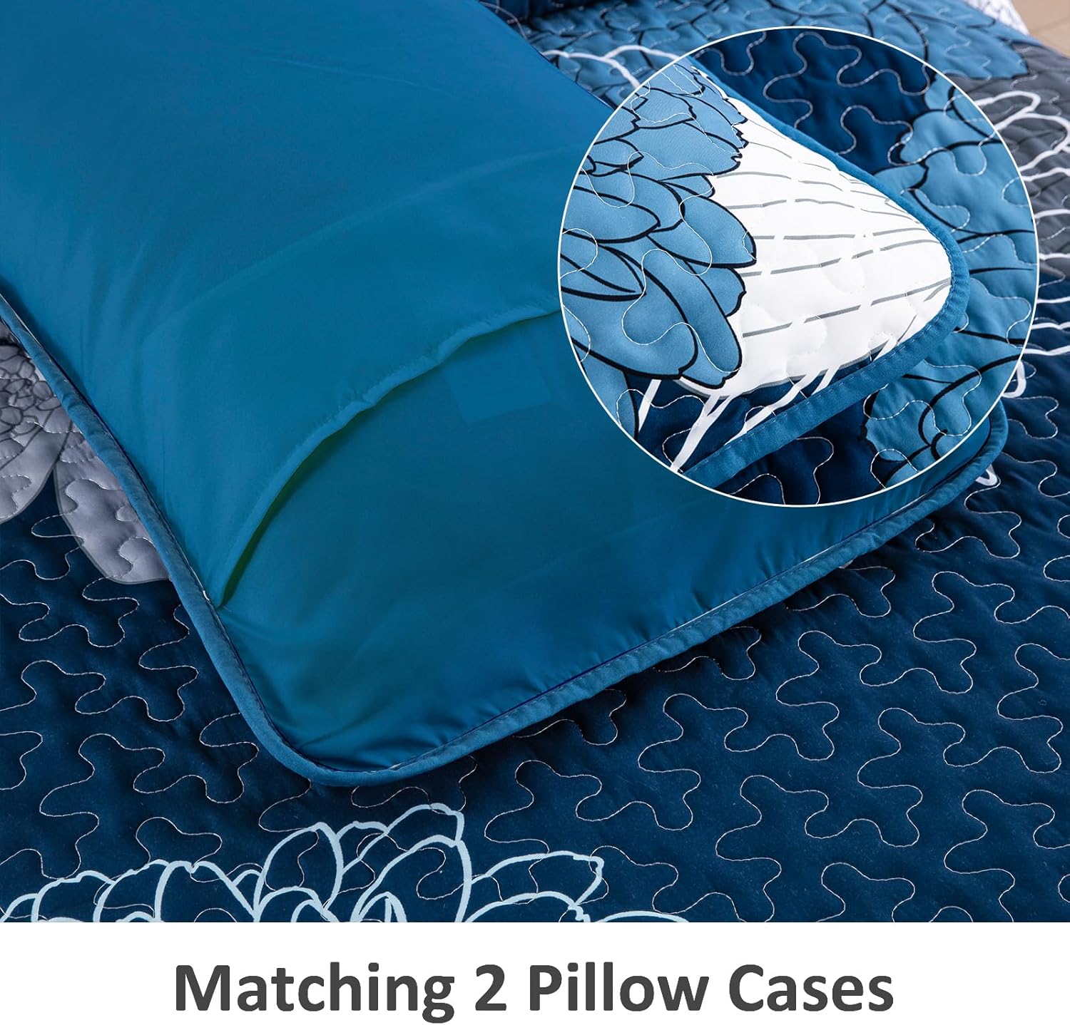 Anibedding Navy Blue Floral Quilt Set 3 Pieces Reversible Microfiber